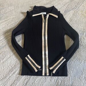 Vintage Belldini Sweater Y2K black ribbed Zip Up Collared Jewels slim fit large